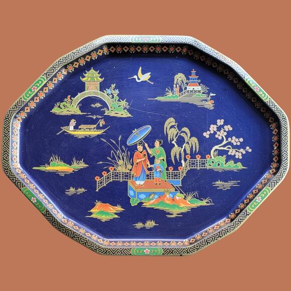 Vintage 1970s Daher Decorated Ware Blue Tin Tray with Chinoises Toile Design - Picture 1 of 5